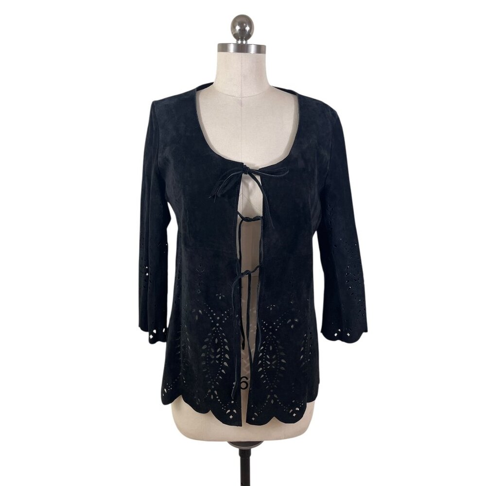 Danier Y2K Suede Jacket Womens XS Black Scalloped Hippie Boho Western Indie 90s